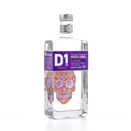 d1 potato vodka bottle with Jacky Tsai skull artwork