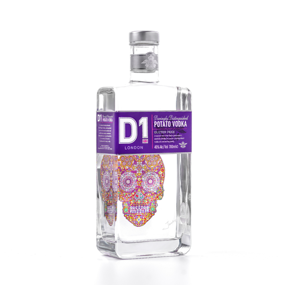 d1 potato vodka bottle with Jacky Tsai skull artwork